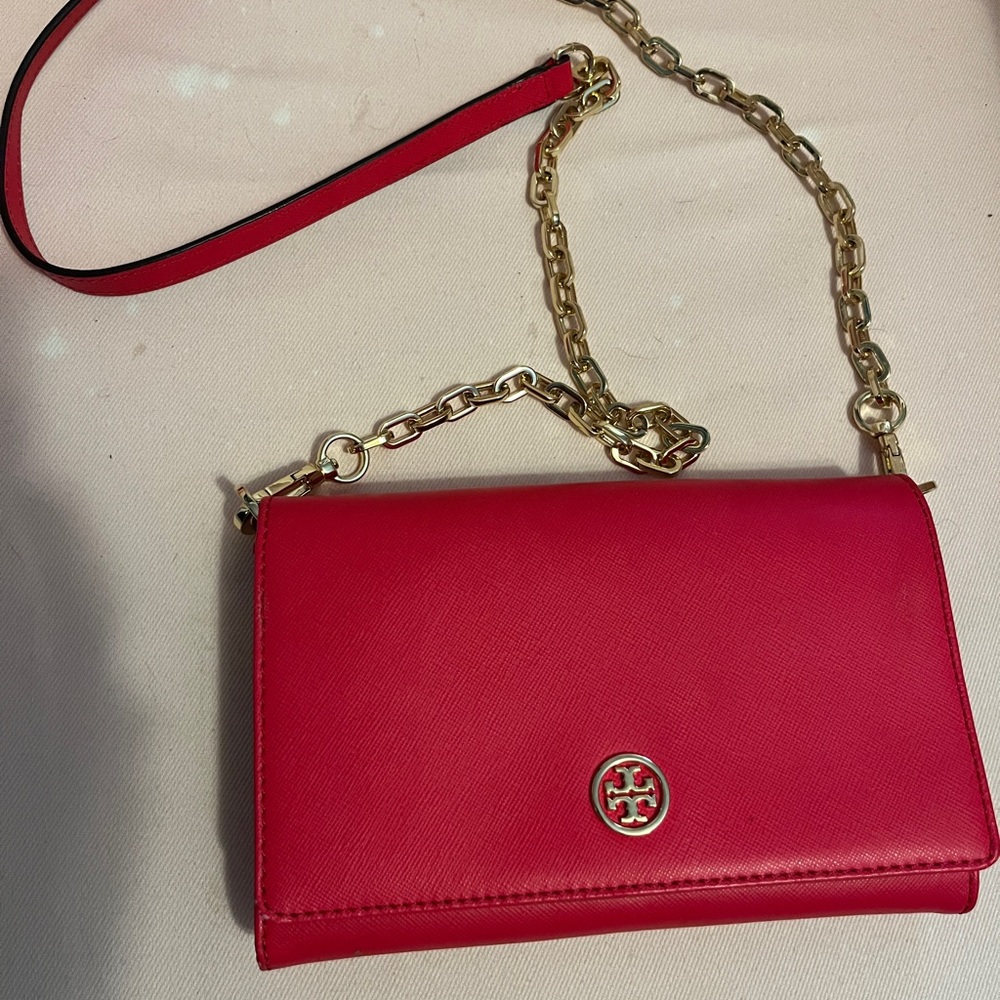 Tory Burch Vibrant Red Crossbody Bag with Gold Chain